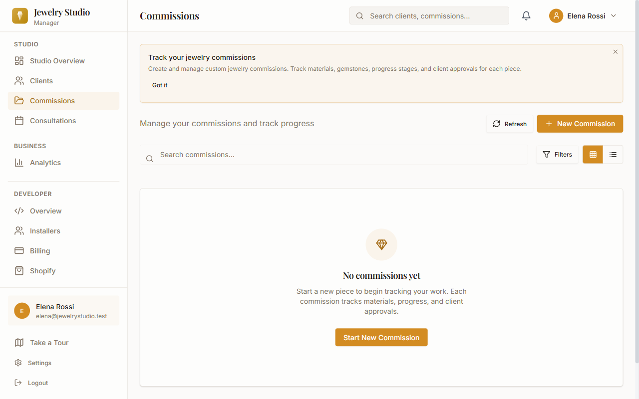 Commission tracking board with workflow stages