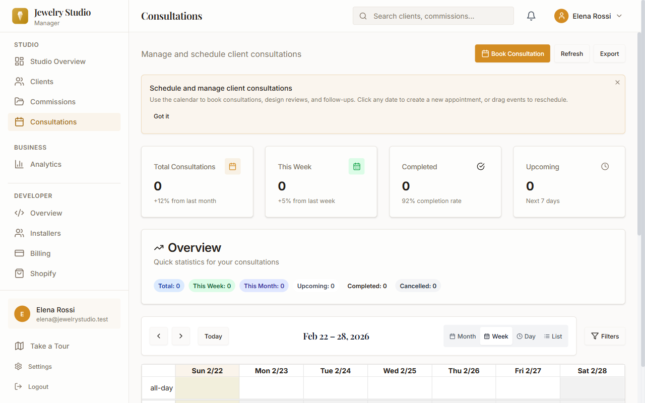 Consultation calendar with appointment scheduling