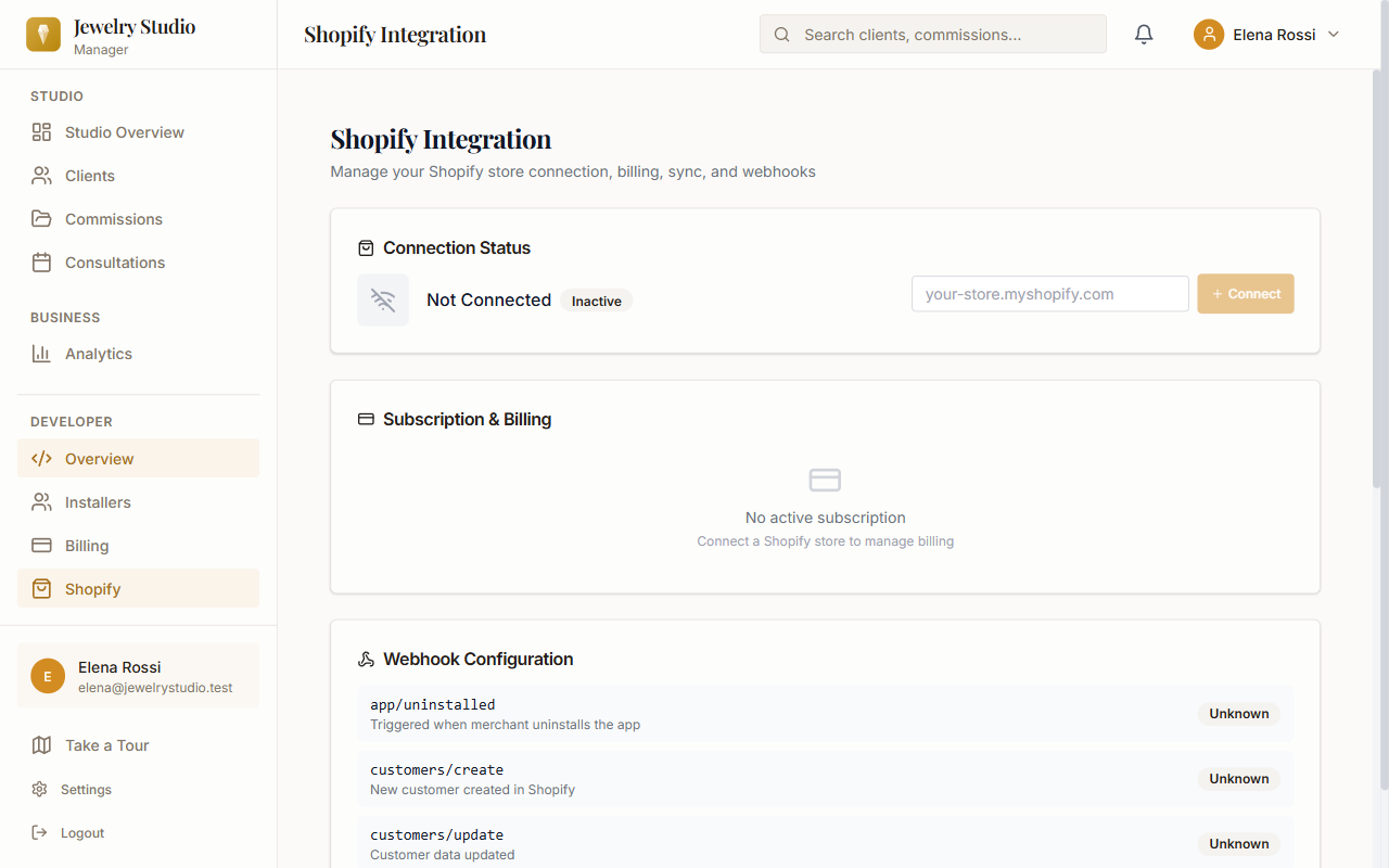 Shopify integration dashboard showing sync status